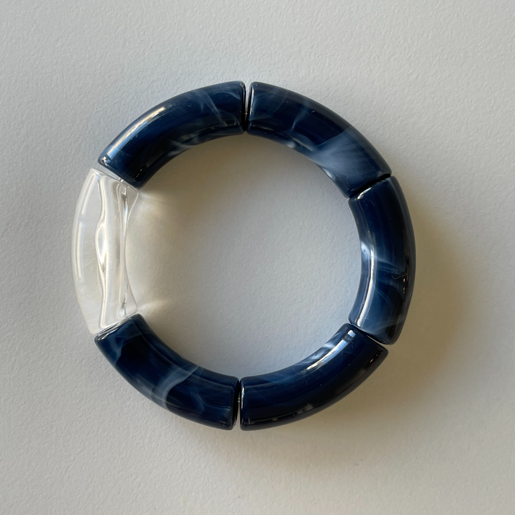 Marbled Navy and Clear Acrylic Tube Bead Bracelet